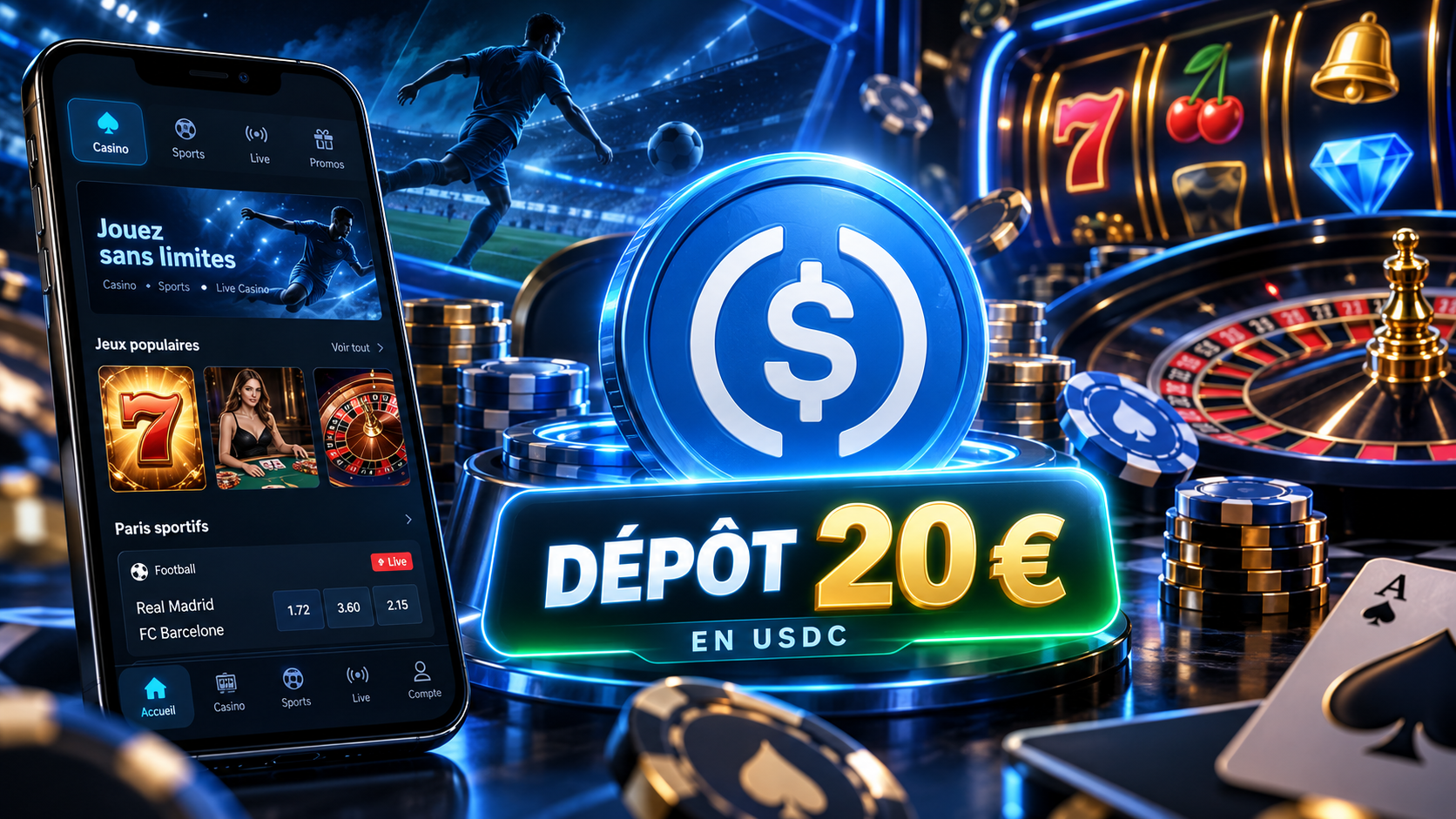 Dépôt de 20 € en USDC sur un casino mobile : smartphone, jetons et machines à sous